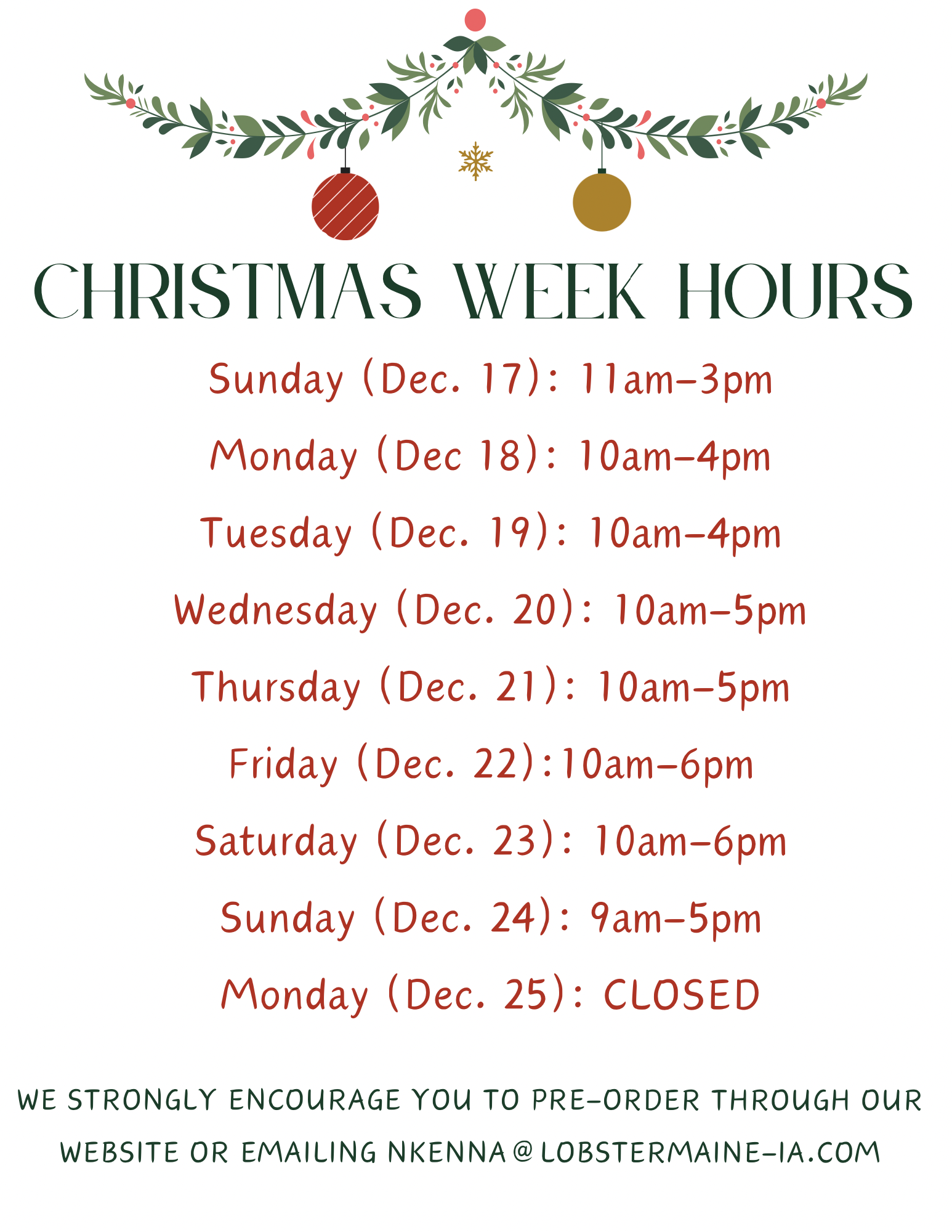 Holiday Hours Lobster Maine ia